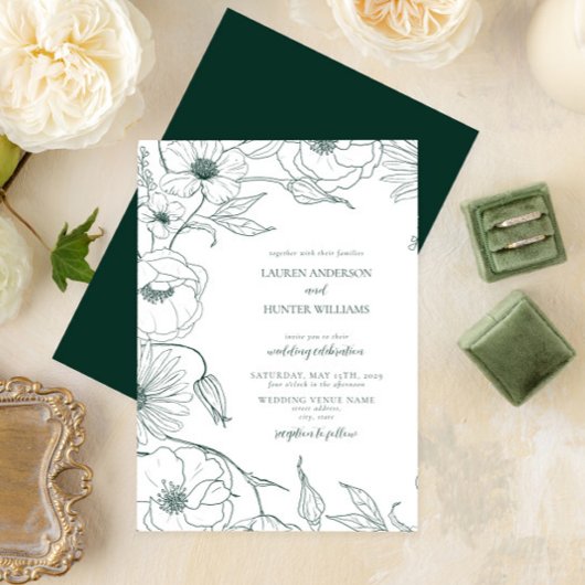 Invitation Moderne Emerald Green Line Art Floral Mariage
