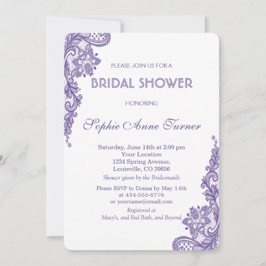 Invitation moderne en dentelle violette nuptiale (Devant)