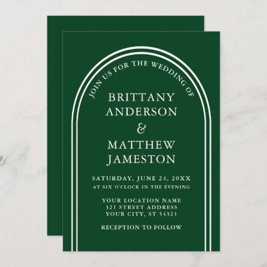 Invitation Moderne et élégant Arch Mariage Green (Devant / Derrière)