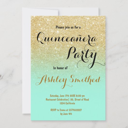 Invitation Moderne et girly or pailleté vert menthe Quinceañe (Devant)