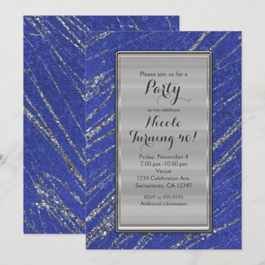 Invitation moderne et glamour bleu et argent à ray (Devant / Derrière)