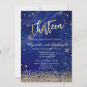 Invitation Moderne Faux Diamants Dorés Étoiles Bleu Treize (Devant)