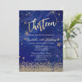 Invitation Moderne Faux Diamants Dorés Étoiles Bleu Treize (Debout devant)