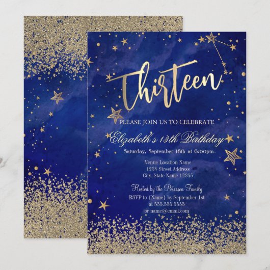 Invitation Moderne Faux Diamants Dorés Étoiles Bleu Treize (Devant / Derrière)