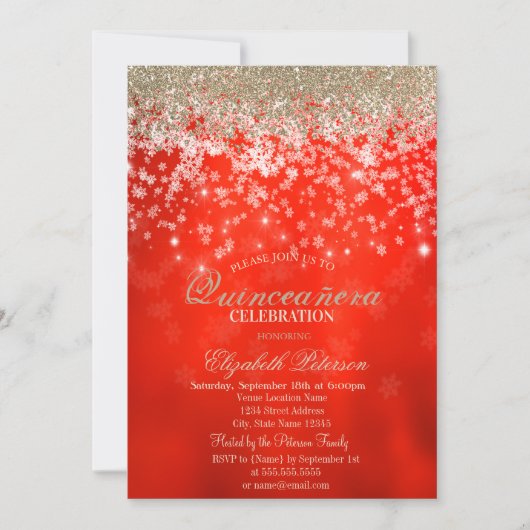 Invitation Moderne Faux Diamants Dorés Flocons Rouge (Devant)