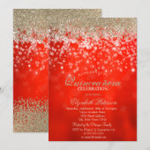 Invitation Moderne Faux Diamants Dorés Flocons Rouge (Devant / Derrière)