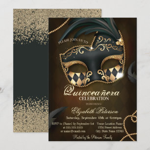 Invitation Moderne Faux Diamants Dorés Mascarade Quinceañera