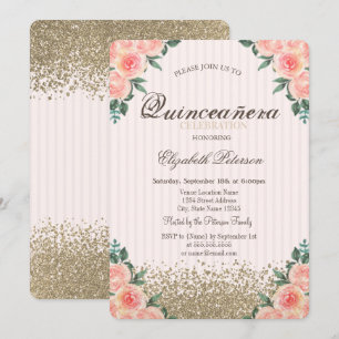 Invitation Moderne Faux Diamants Or Roses Rayées Quinceañera