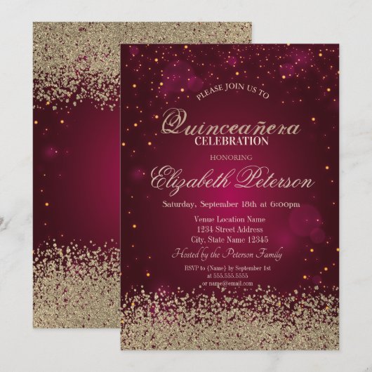 Invitation Moderne Faux Gold Diamonds Confetti Red Quinceañer (Devant / Derrière)
