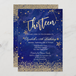 Invitation Moderne Faux Gold Diamonds Etoiles Bleu Treize