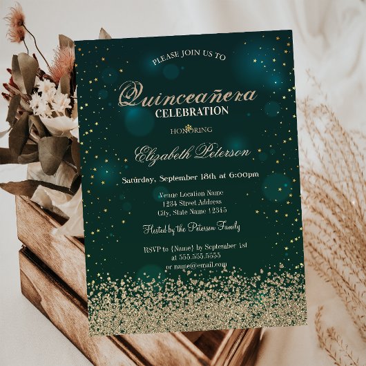 Invitation Moderne Faux Gold Diamonds Green Quinceañera