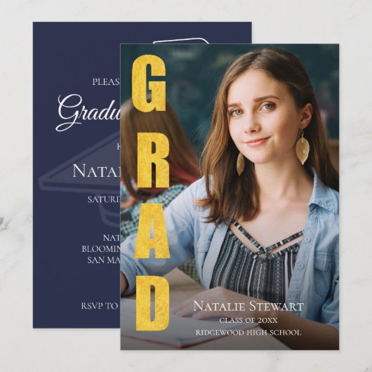 Invitation Moderne Faux Gold Foil GRAD Photo Graduation (Devant / Derrière)