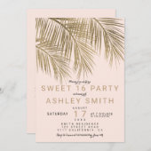 Invitation Moderne faux or palmier élégant rose Sweet 16 (Devant / Derrière)