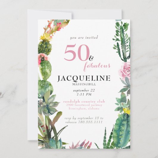 Invitation Moderne fête d'anniversaire de cactus 50 ans et fa (Devant)