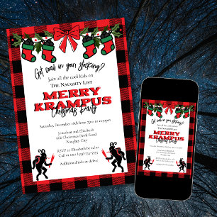 Invitation Moderne Fête de Noël de Krampus à carreaux de Buff