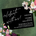 Invitation Moderne Fêtez avec nous Black Wedding Réception<br><div class="desc">Dans cette pièce simple et élégante, la police de caractères manuscrite moderne a été utilisée pour créer un graphique représentant les mots "célébrer avec nous !". Utilisez les champs modèles pour ajouter vos détails personnels et faire de ce design unique et moderne votre propre. L'arrière - plan peut être changé...</div>