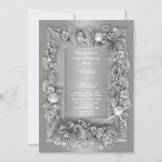 Invitation moderne fiançailles chic en feuille d'argent perle (Dos)