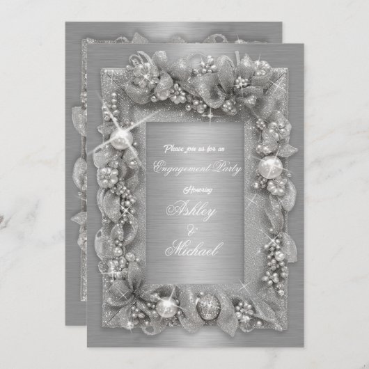 Invitation moderne fiançailles chic en feuille d'argent perle (Devant / Derrière)