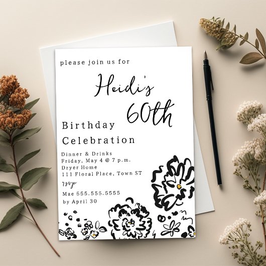 Invitation Moderne Fleur simple noir et blanc 60e anniversair