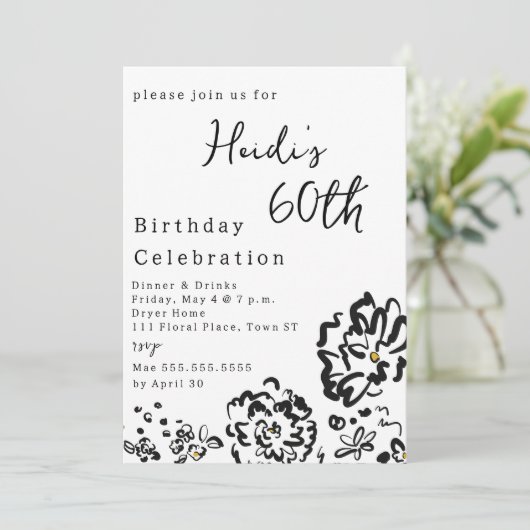 Invitation Moderne Fleur simple noir et blanc 60e anniversair (Debout devant)