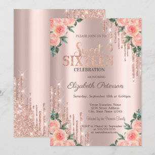 Invitation Moderne Fleurs à Paillettes qui Coulent Rose Doré