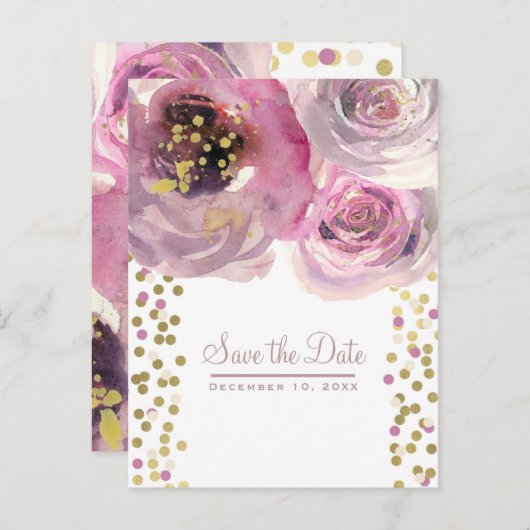 Invitation moderne fleurs aquarelle rose et or (Devant / Derrière)
