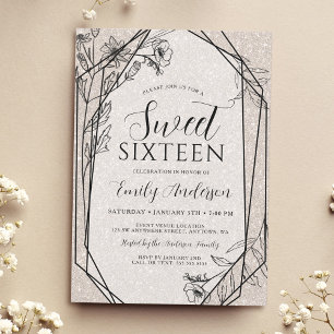 Invitation Moderne Fleurs Champagne Paillettes Douce 16