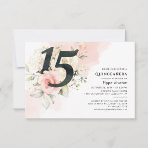 Invitation Moderne Fleurs Roses pour les 15 Ans de Quinceaner