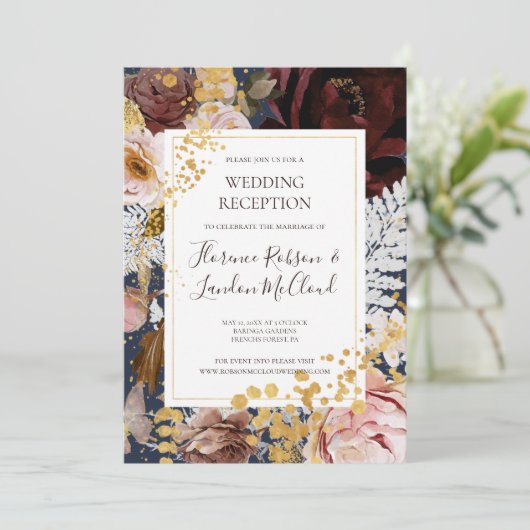 Invitation Moderne Floral Blush | Réception de mariage Navy (Debout devant)