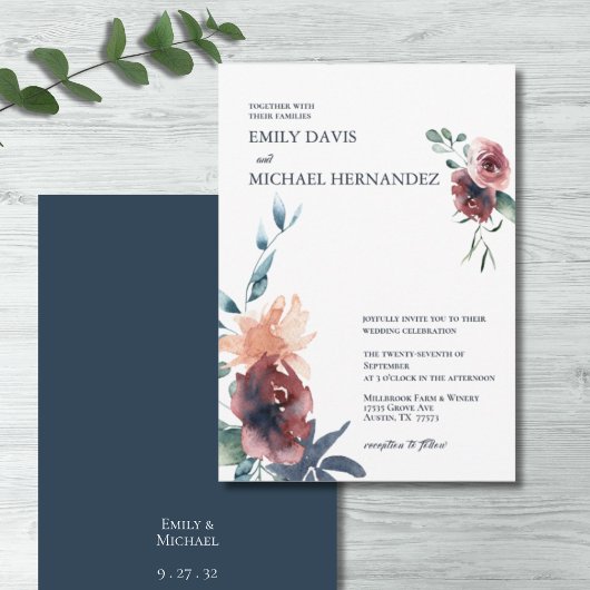 Invitation Moderne Floral Bourgogne Marine Blush Peach Mariag