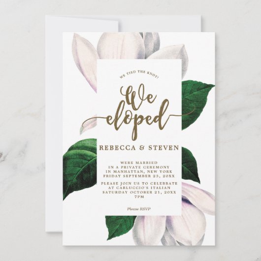 Invitation moderne floral de magnolia nous nous sommes enfuis (Devant)
