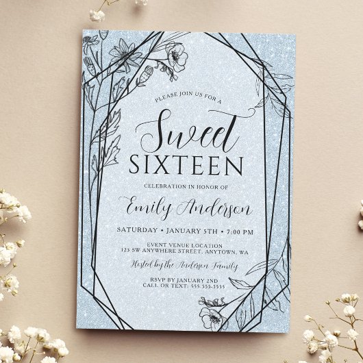 Invitation Moderne Floral Dusty Blue Parties scintillant Swee
