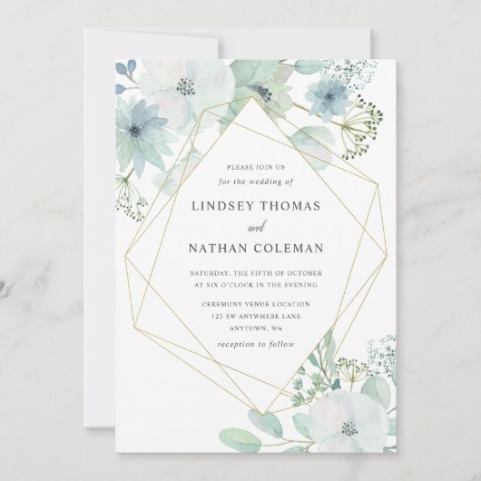 Invitation Moderne Floral Greenery Or Mariage géométrique (Devant)