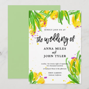 Invitation Moderne Floral Jaune Violet Vert Calligraphie