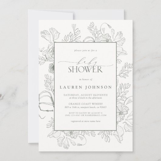 Invitation Moderne Floral Line Art Sage Baby shower vert (Devant)