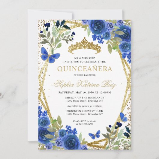 Invitation Moderne Floral Marine Bleu Or Tiara Quinceañera (Devant)
