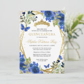 Invitation Moderne Floral Marine Bleu Or Tiara Quinceañera (Debout devant)