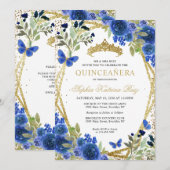 Invitation Moderne Floral Marine Bleu Or Tiara Quinceañera (Devant / Derrière)