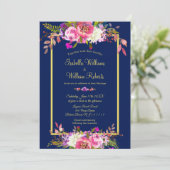 Invitation Moderne Floral Marine Mariage bleu or (Debout devant)