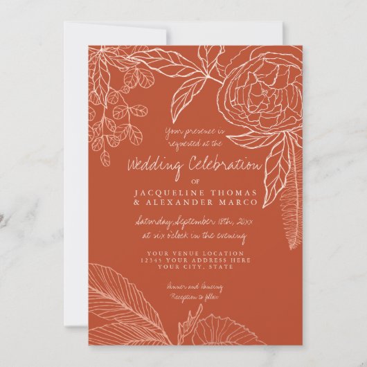 Invitation Moderne Floral Peony Line Art Navy Orange Leaf (Devant)