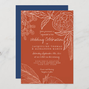 Invitation Moderne Floral Peony Line Art Navy Orange Leaf