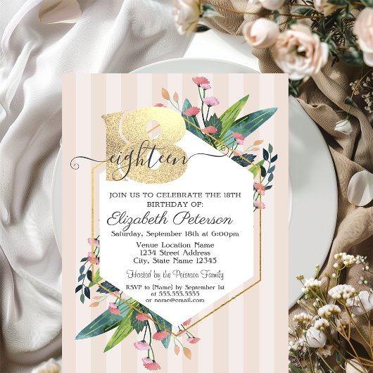 Invitation Moderne Floral rayé 18e anniversaire Invitat