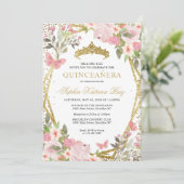 Invitation Moderne Floral rose rose or Tiara Quinceañera (Debout devant)