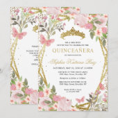 Invitation Moderne Floral rose rose or Tiara Quinceañera (Devant / Derrière)