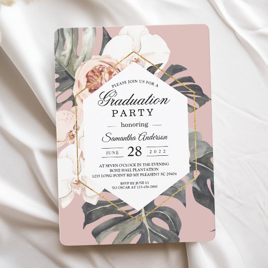 Invitation Moderne Floral rose Tropical Feuilles & Orchidée
