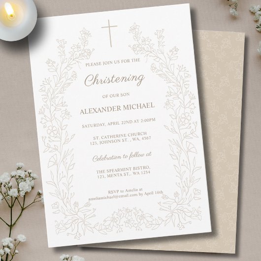 Invitation Moderne Floral Vintage Baptême