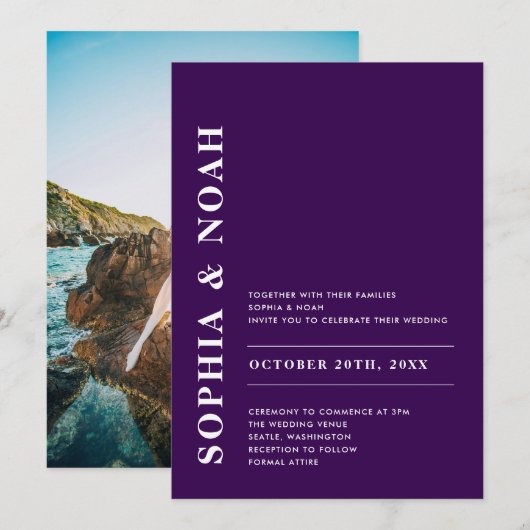 Invitation Moderne foncé violet élégant simple photo Mariage (Devant / Derrière)