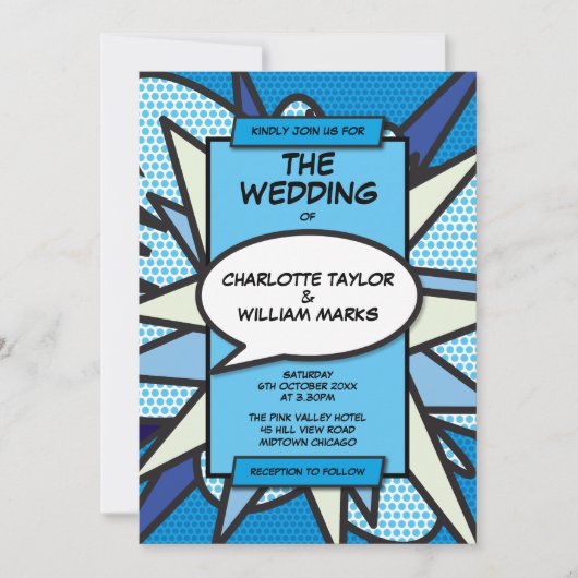 Invitation Moderne Fun Blue Comic Book Mariage photo (Devant)