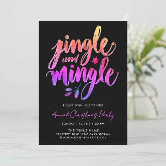 Invitation Moderne Fun Noir Et Rose Jingle Brush Calligraphie (Debout devant)