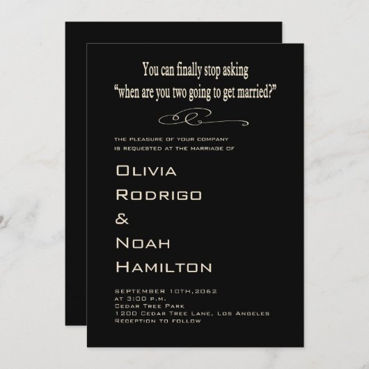 Invitation Moderne Funny Mariage noir blanc (Devant / Derrière)